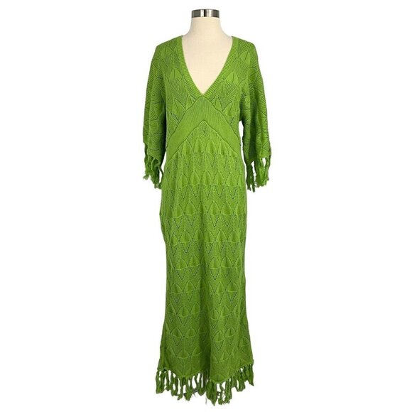 Dodo Bar Or Dresses & Skirts - NWT DODO BAR OR Size 42 US 4-6 Simmons Dress Green Knit Tassles Maxi Half Sleeve
